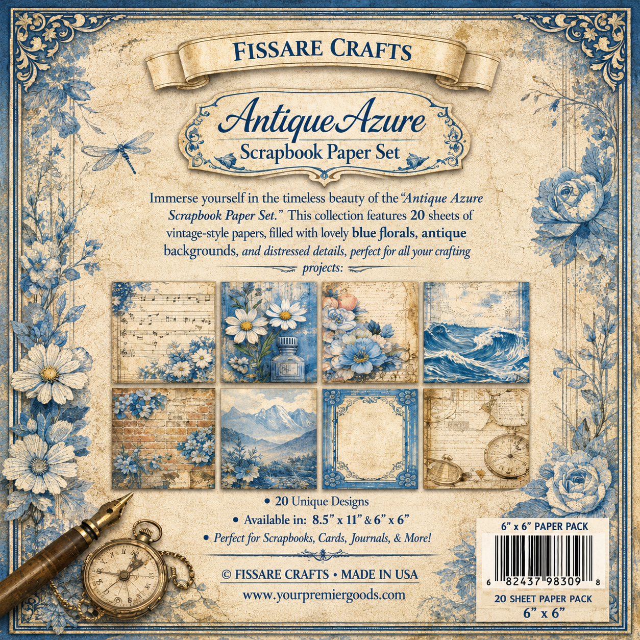 Antique Azure Scrapbook Paper Set – Vintage Blue Floral Decorative Sheets for Junk Journals, Scrapbooking, Card Making & Paper Crafts