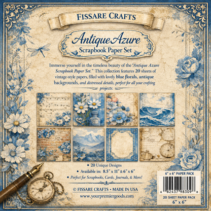 Antique Azure Scrapbook Paper Set – Vintage Blue Floral Decorative Sheets for Junk Journals, Scrapbooking, Card Making & Paper Crafts