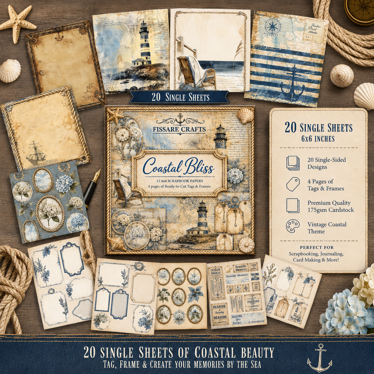 Coastal Bliss Scrapbook Paper Set – Beach & Nautical Decorative Sheets for Journaling, Scrapbooking, Card Making & Paper Crafts