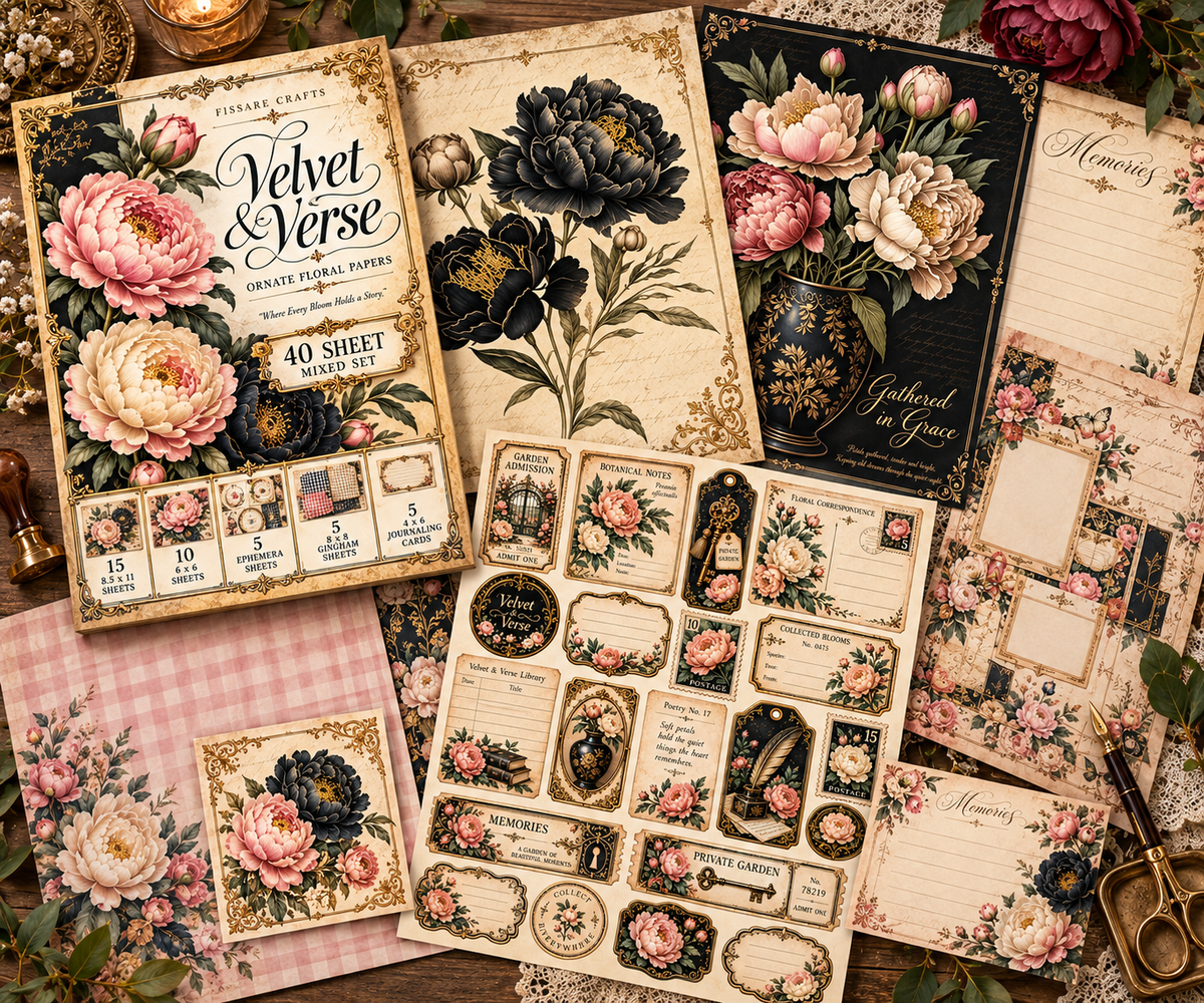 Velvet & Verse Ornate Floral Scrapbook Paper – 40-Piece Mixed Set