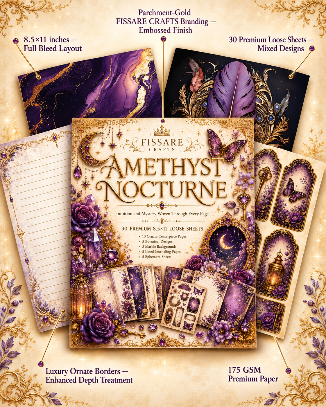 Amethyst Nocturne scrapbook paper collection with ornate violet botanical designs