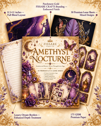Amethyst Nocturne scrapbook paper collection with ornate violet botanical designs