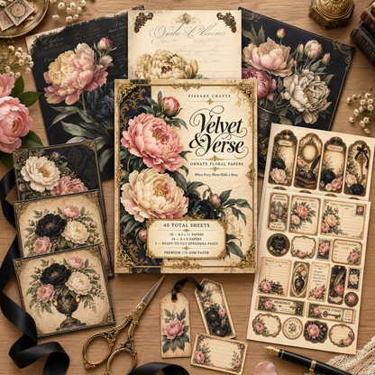 A styled flat-lay of a vintage-themed paper craft bundle titled 'Velvet & Verse' by Elinor Crafts. The set includes orange floral patterned paper sheets, dark floral cardstock, decorative labels, paper tags, and a central product box, arranged on a wooden table with scissors, a pen, and ribbon.