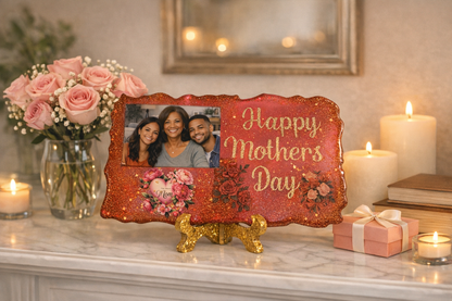 Lifestyle image of Mother’s Day plaque on mantel with flowers and candles