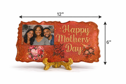 12x6 inch epoxy resin plaque displayed on gold stand