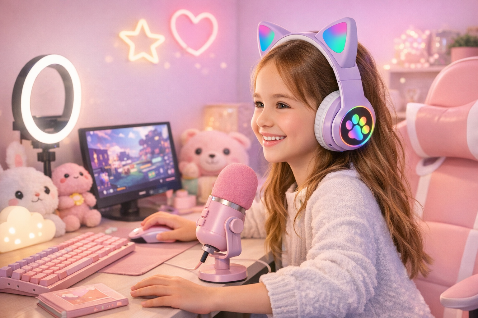 Child in a gaming setup with colorful headphones and pink microphone, surrounded by plush toys and neon lights.