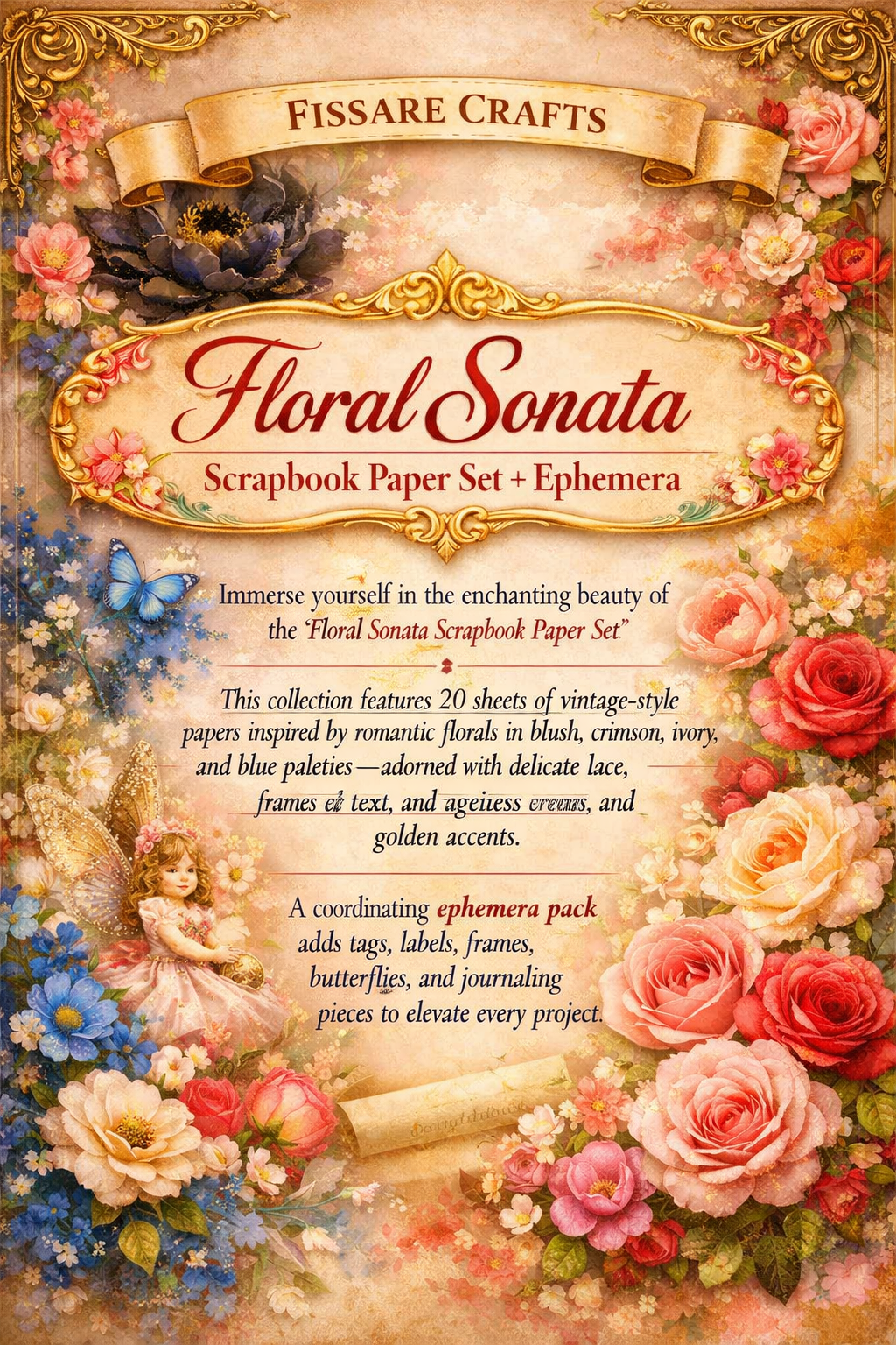 Floral Sonata Scrapbook Paper Set & Ephemera with decorative text and flowers.
