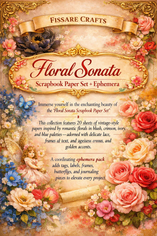 Floral Sonata Scrapbook Paper Set & Ephemera with decorative text and flowers.