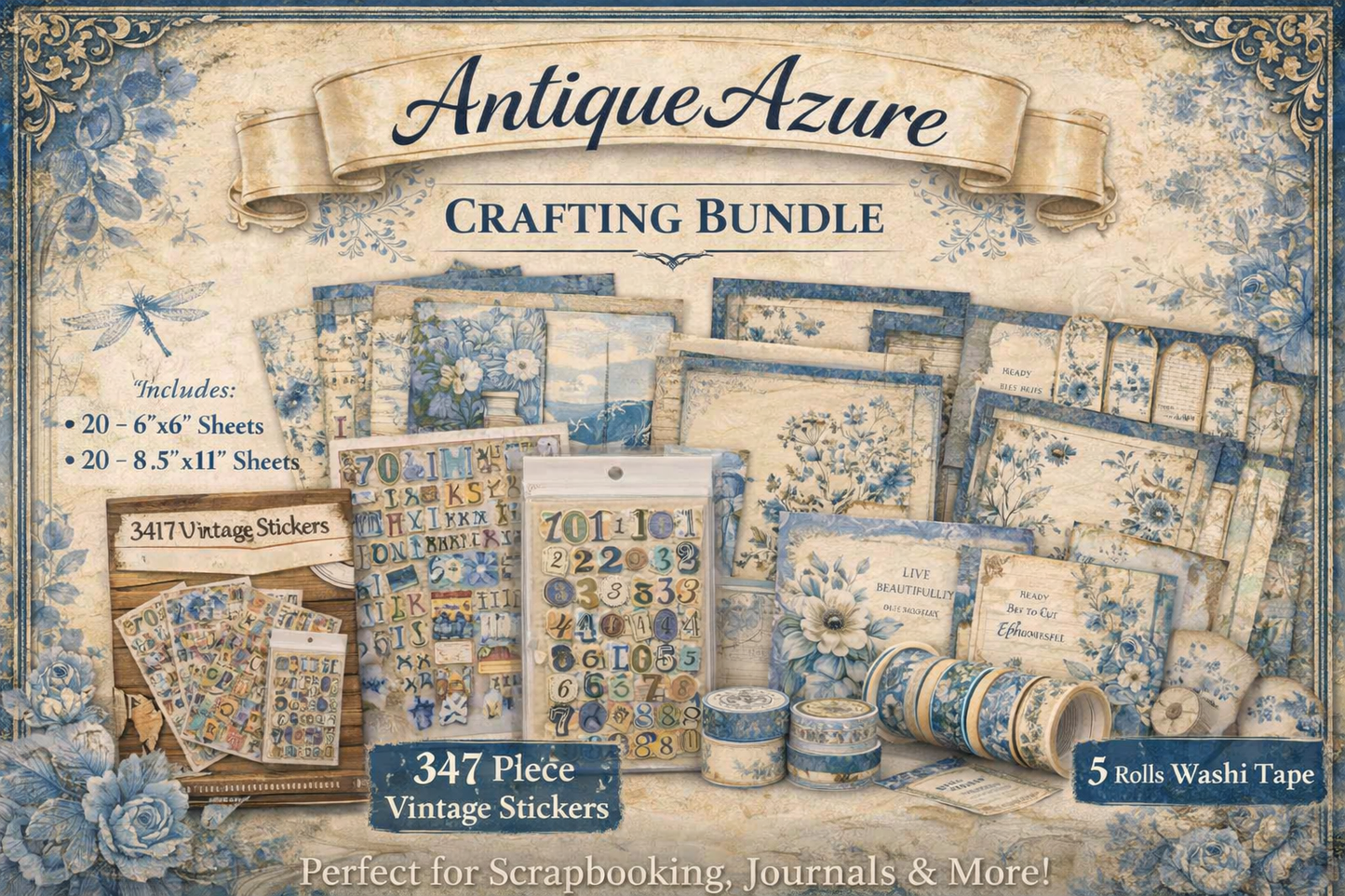 Antique Azure Vintage  Botanical Scrapbooking Bundle | 6x6 & 8.5x11 Papers, Washi Tape & Stickers