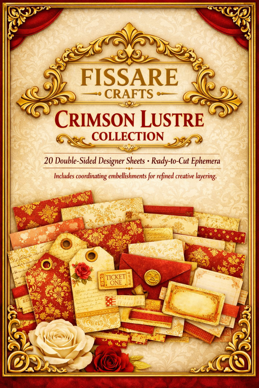 Fissare Crafts 'Crimson Lustre Collection' digital paper and design sheet bundle cover, featuring a vintage ornate gold frame, red and cream patterns, and illustrated roses at the bottom.