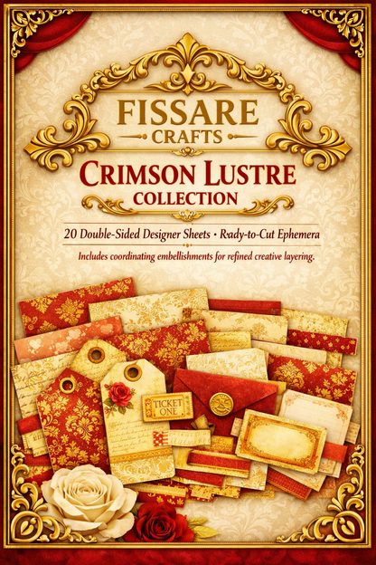 Fissare Crafts 'Crimson Lustre Collection' digital paper and design sheet bundle cover, featuring a vintage ornate gold frame, red and cream patterns, and illustrated roses at the bottom.