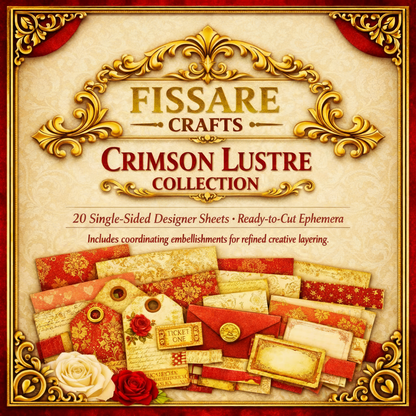 Promotional graphic for the Fissare Crafts 'Crimson Lustre Collection' featuring ornate gold and red decorative borders, elegant typography, and a collage of red and gold patterned paper sheets, envelopes, tags, and flowers at the bottom.