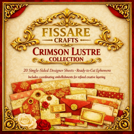 Promotional graphic for the Fissare Crafts 'Crimson Lustre Collection' featuring ornate gold and red decorative borders, elegant typography, and a collage of red and gold patterned paper sheets, envelopes, tags, and flowers at the bottom.