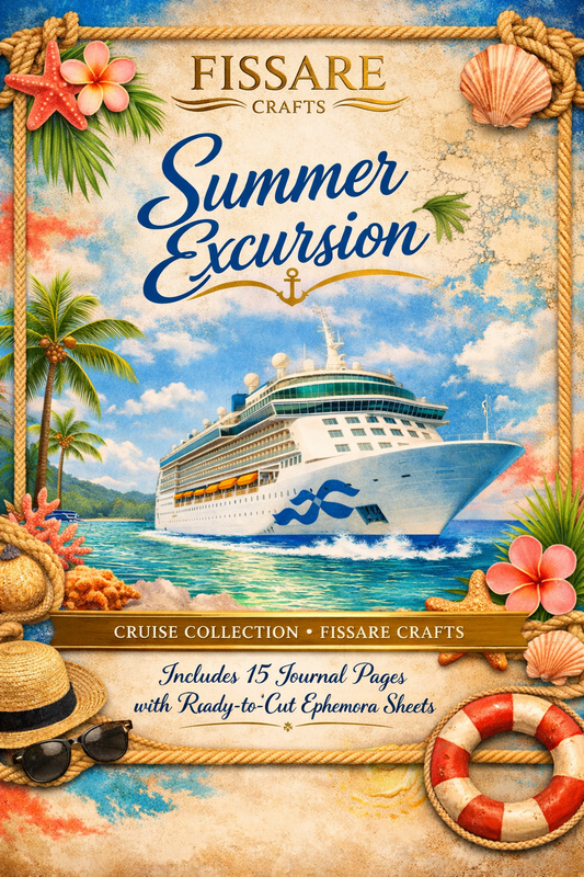 A tropical-themed craft kit cover for 'Summer Excursion' by Fissare Crafts, featuring a cruise ship on turquoise water with palm trees, flowers, a straw hat, sunglasses, and a life preserver, all framed by a rope border and map background.