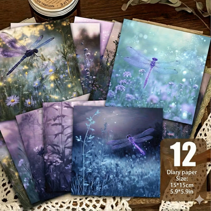 Vintage Dragonfly & Botanical 6x6 Scrapbook Paper - Purple & Blue Floral Design