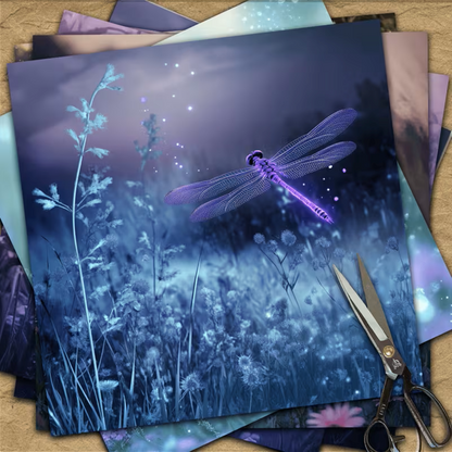 Vintage Dragonfly & Botanical 6x6 Scrapbook Paper - Purple & Blue Floral Design