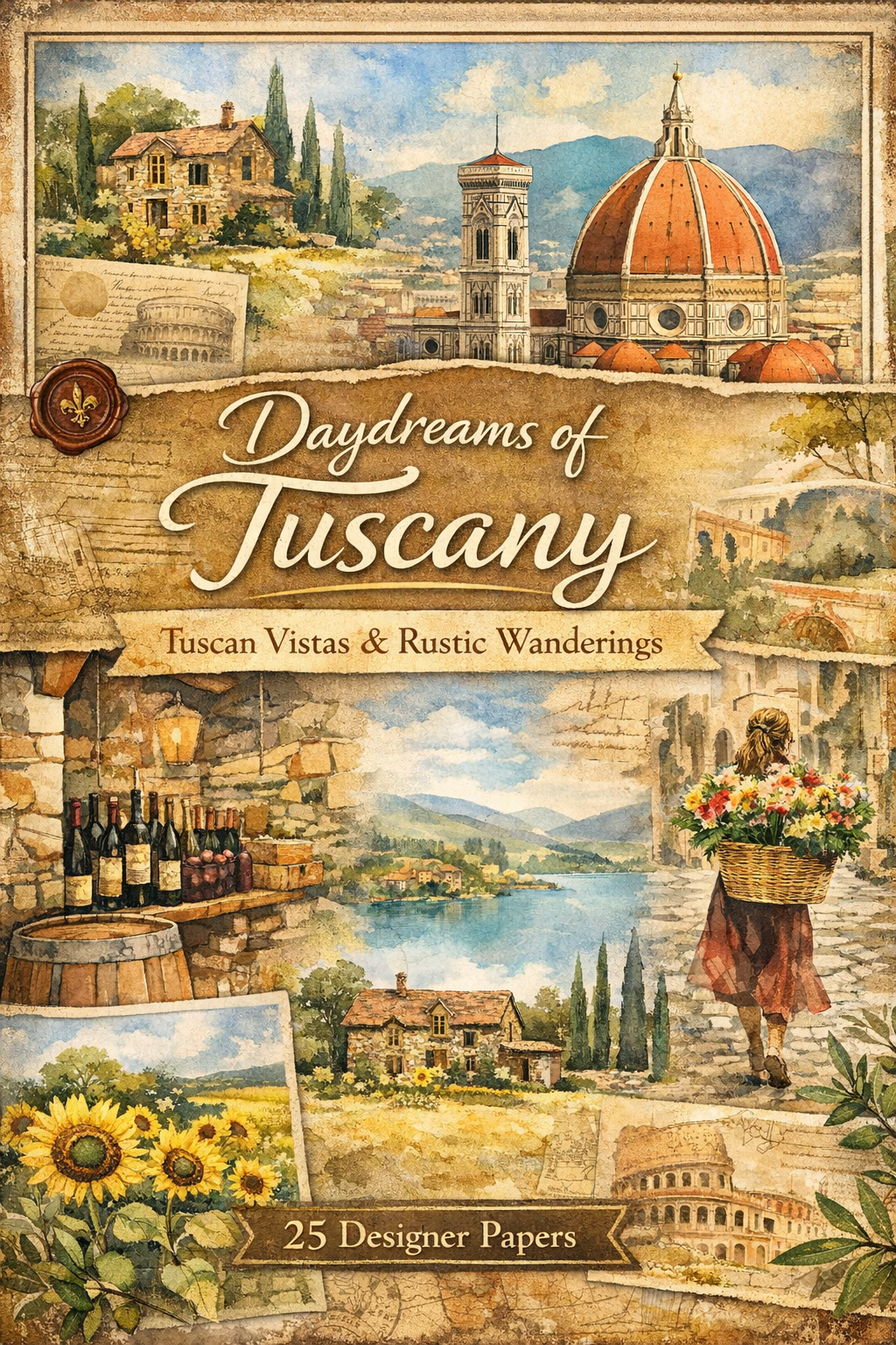 Cover of 'Daydreams of Tuscany' with scenic illustrations and text.