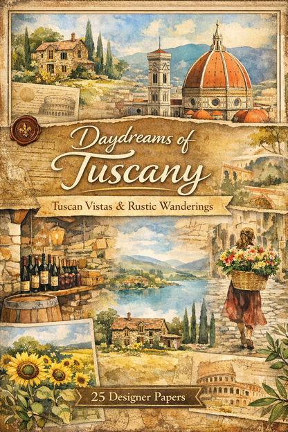 Cover of 'Daydreams of Tuscany' with scenic illustrations and text.