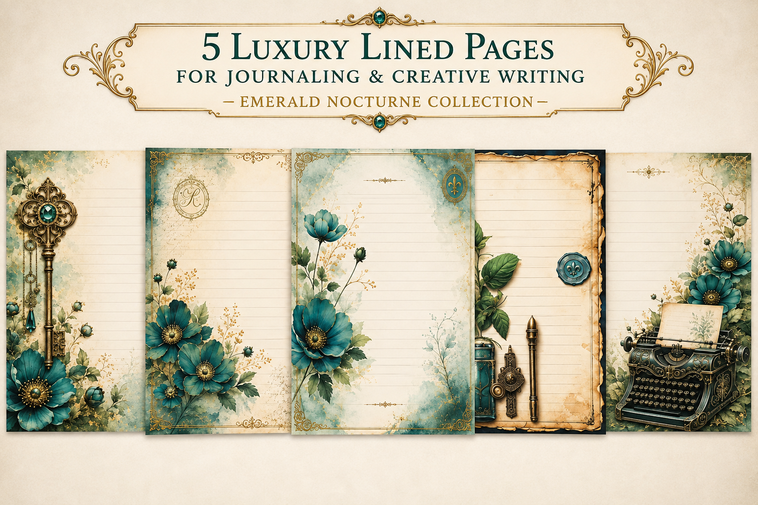 A promotional graphic showing five lined journaling pages with vintage-style illustrated borders. The top text reads '5 Luxury Lined Pages for Journaling & Creative Writing - Emerald Nocturne Collection.