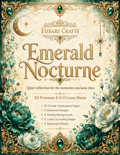 Promotional cover art for 'Emerald Nocturne' by Fissare Crafts, showcasing a vintage-style botanical and celestial journaling template pack. The design features an ornate gold filigree border with emerald green gemstone accents, a crescent moon, and large white and teal flowers on a textured cream background.