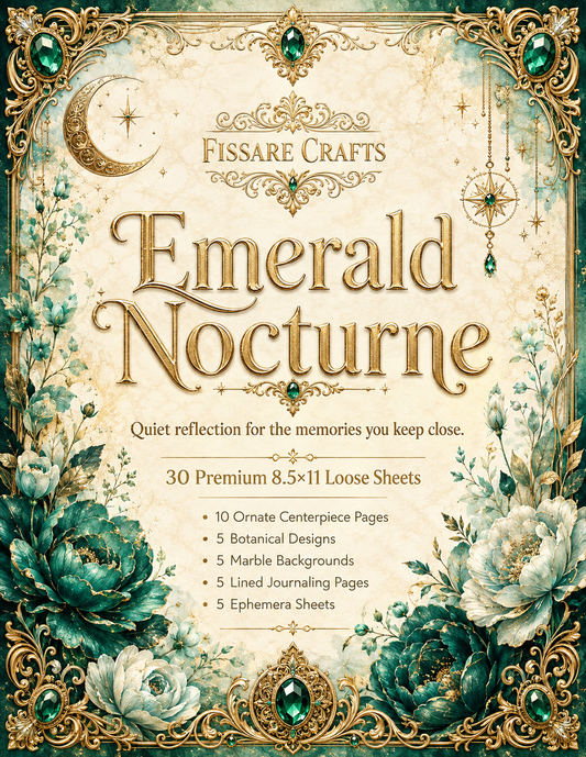 Promotional cover art for 'Emerald Nocturne' by Fissare Crafts, showcasing a vintage-style botanical and celestial journaling template pack. The design features an ornate gold filigree border with emerald green gemstone accents, a crescent moon, and large white and teal flowers on a textured cream background.