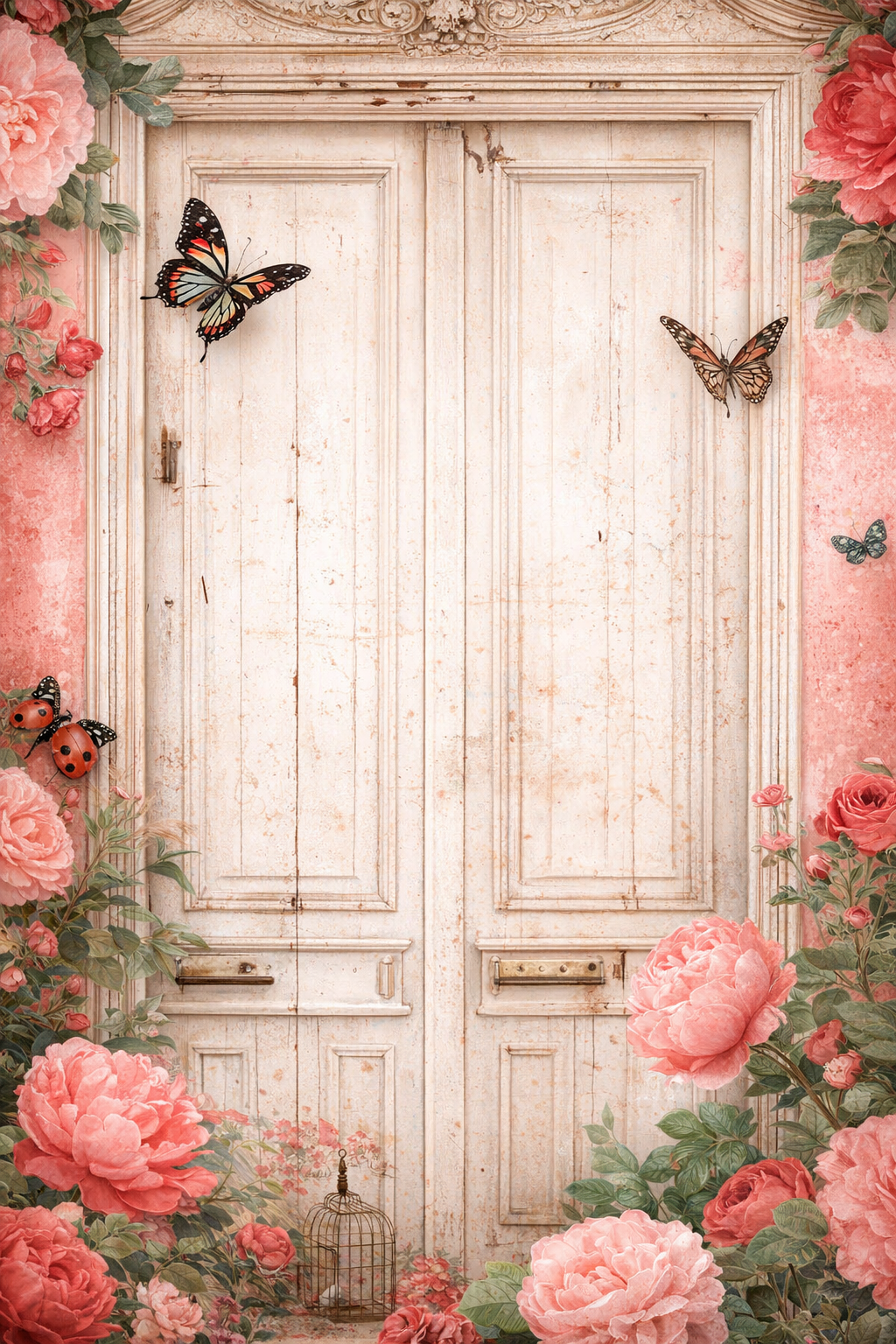 Decorative door with pink flowers and butterflies on a white background
