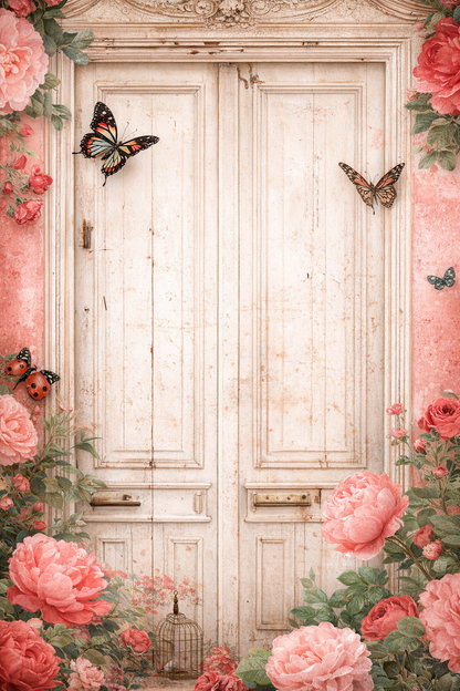 Decorative door with pink flowers and butterflies on a white background