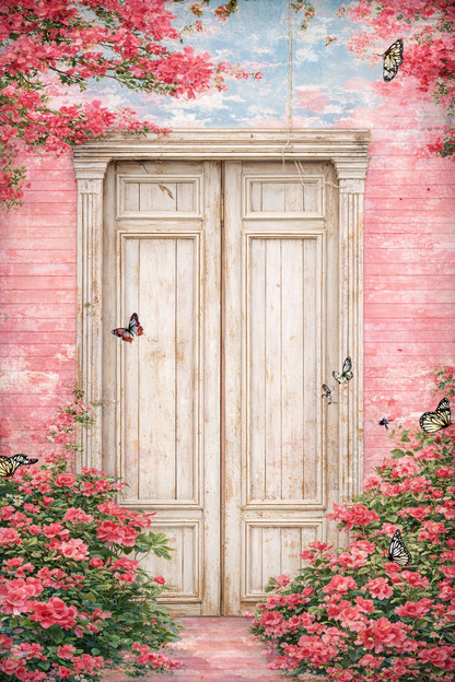 Decorative scene with a white door framed by pink floral walls and butterflies.