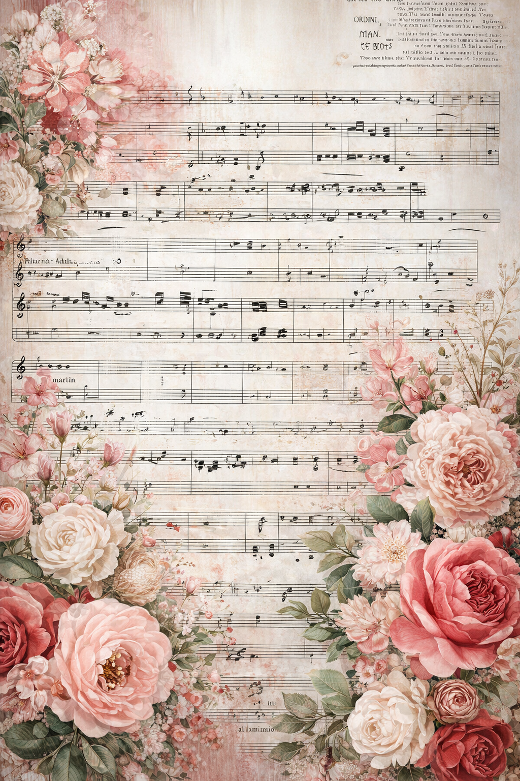 Sheet music with floral decorations on a vintage-style background
