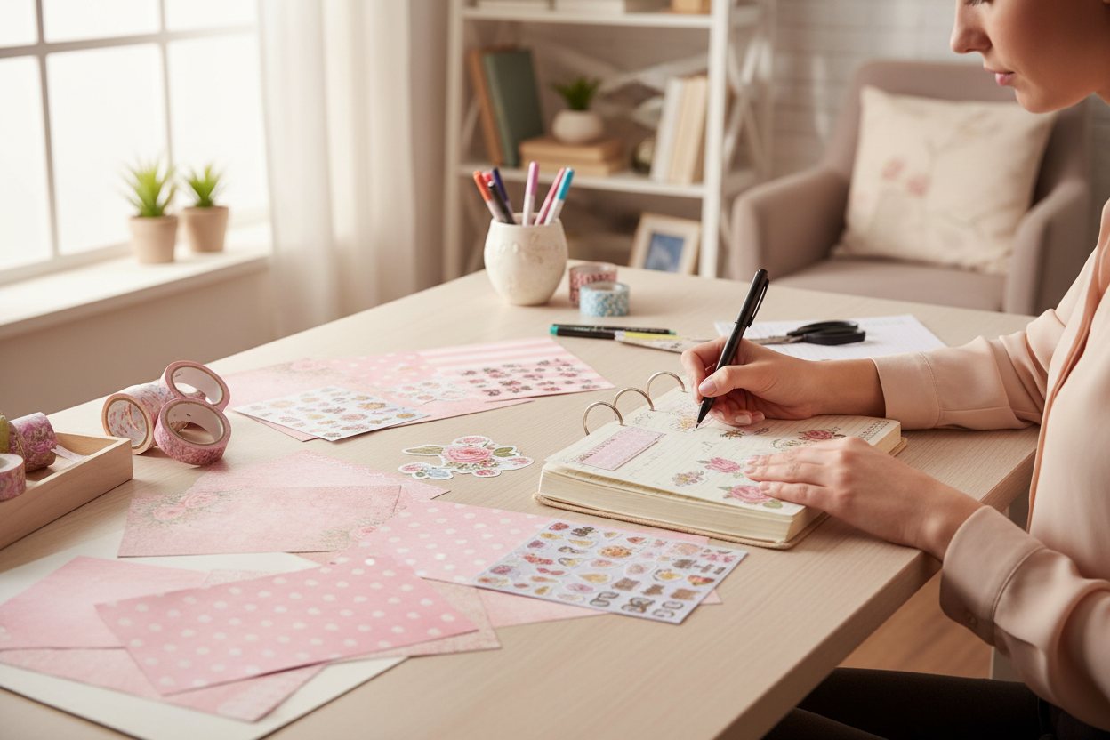 Set of pink fabric swatches with floral and striped patterns on a gray background