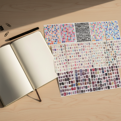 Collection of colorful letters and numbers on a white background