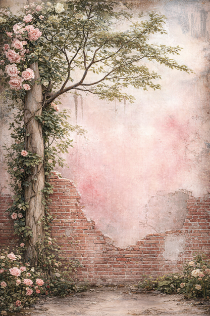 Decorative wallpaper with a romantic scene of a tree with pink flowers and a crumbling brick wall.