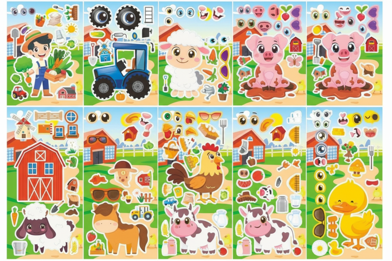 Collection of colorful farm-themed stickers on a grid layout.