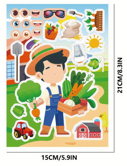 Set of cartoon stickers featuring a farmer, vegetables, and farm elements on a colorful background.