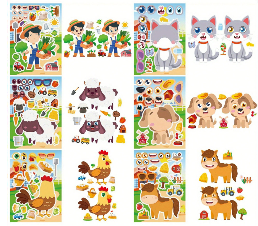 Set of colorful farm-themed stickers featuring animals and characters on a white background.