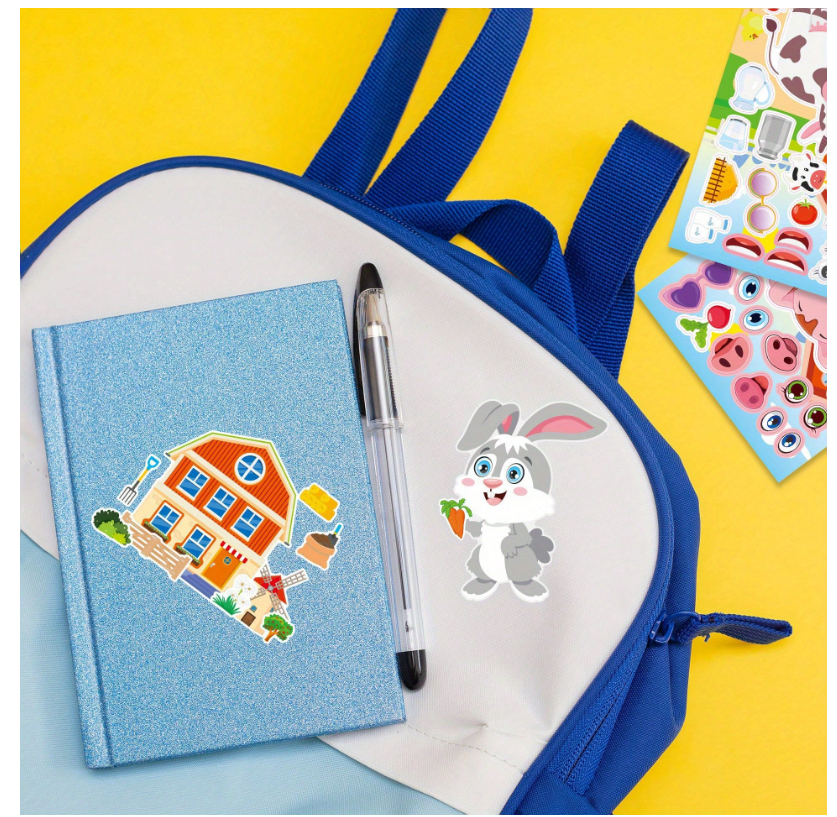 Blue notebook with house illustration, pen, and cartoon rabbit on a blue bag against a yellow background.