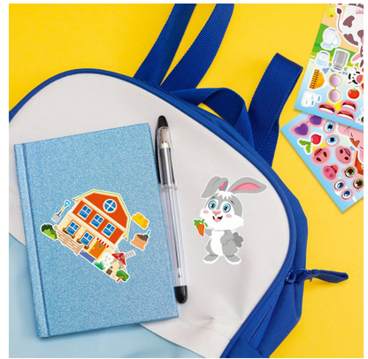 Blue notebook with house illustration, pen, and cartoon rabbit on a blue bag against a yellow background.