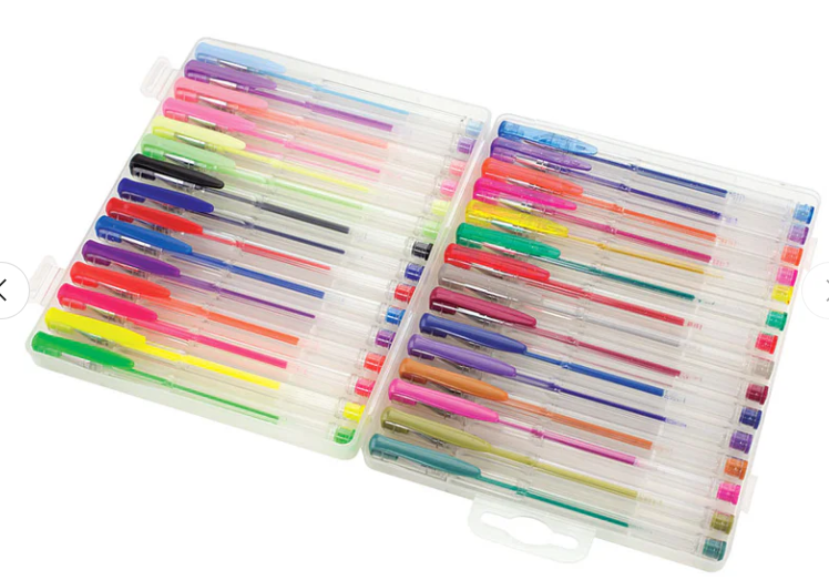 Set of colorful markers in a clear plastic case on a white background