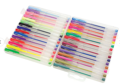 Set of colorful markers in a clear plastic case on a white background
