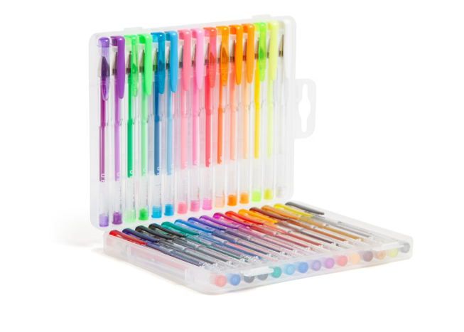Set of colorful gel pens in a clear case on a white background