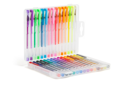 Set of colorful gel pens in a clear case on a white background