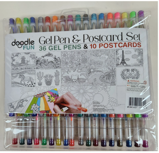 Doodle FUN Gel Pen & Postcard Set - 36 Vibrant Colors & 10 Artistic Postcards for Journaling & DIY