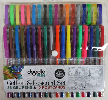 Doodle FUN Gel Pen & Postcard Set - 36 Vibrant Colors & 10 Artistic Postcards for Journaling & DIY