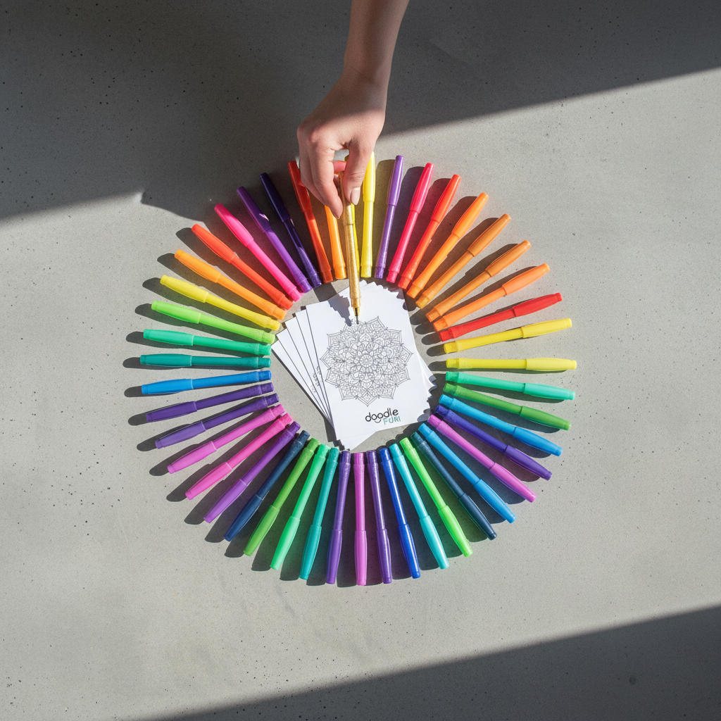 Packaged set of 36 gel pens with colorful barrels and 10 postcards, brand 'doodle fun' visible.