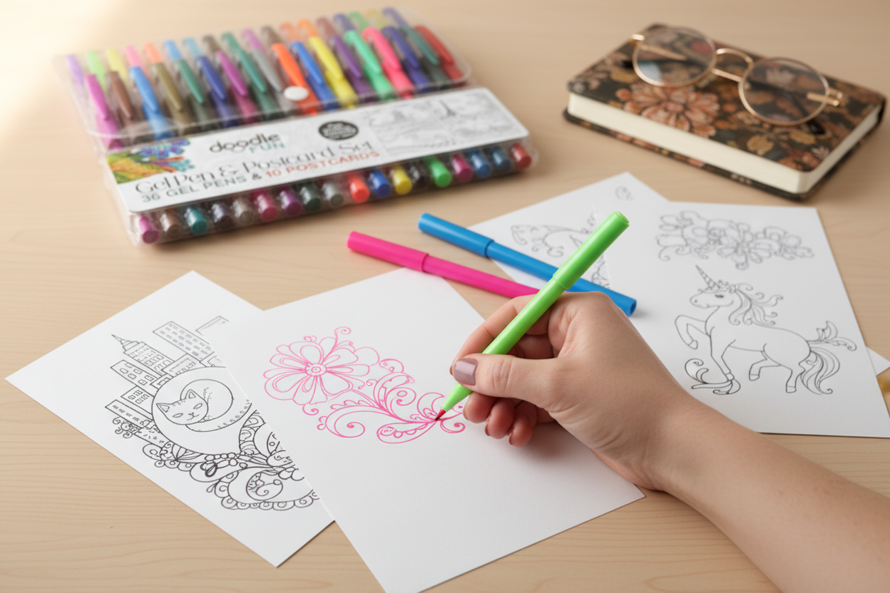 Coloring book with markers and a hand coloring a design on paper