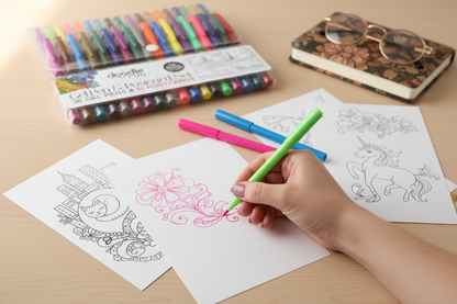 Coloring book with markers and a hand coloring a design on paper