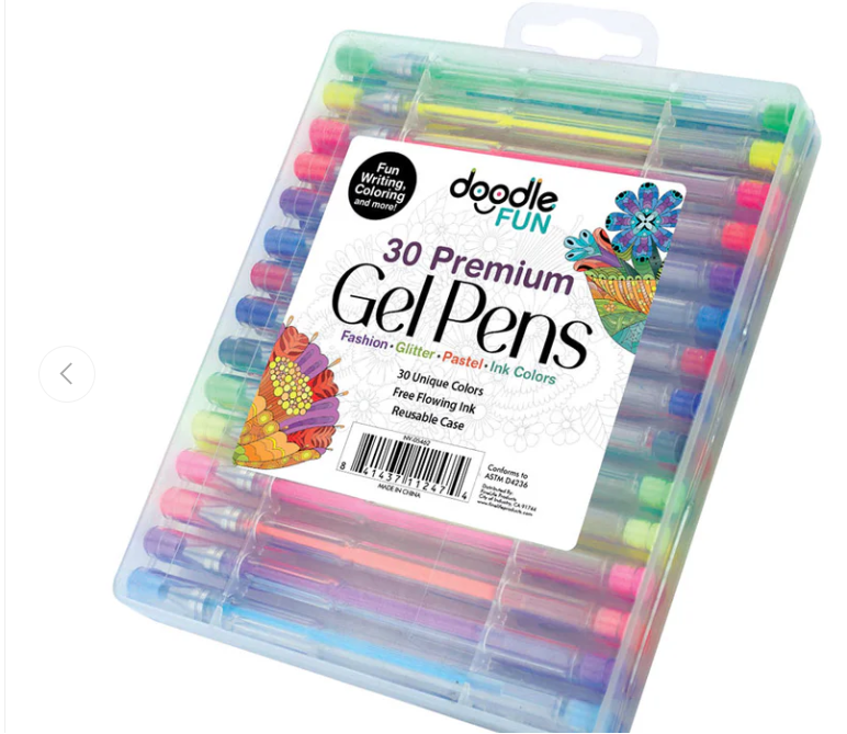Pack of 30 premium gel pens with colorful markers in a clear plastic case, featuring the brand 'doodle FUN'.