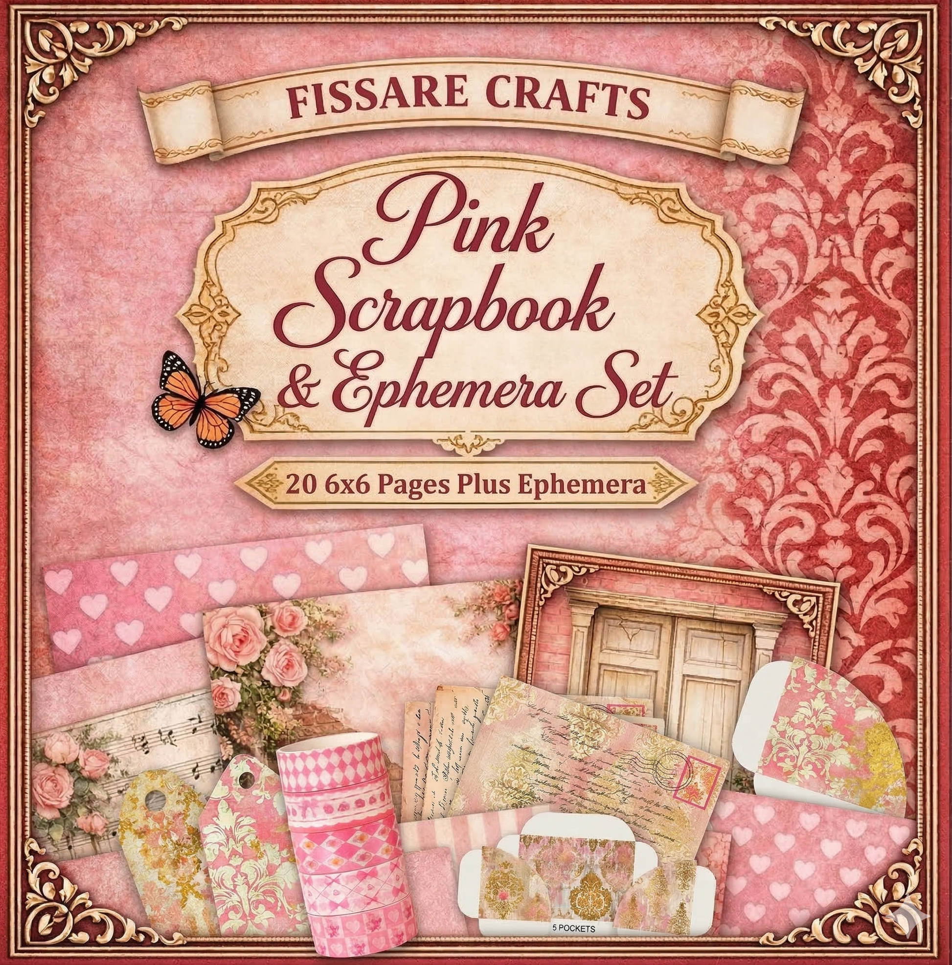 Fissare Crafts Pink Scrapbook & Ephemera Set packaging with decorative elements and text.