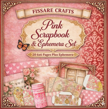 Fissare Crafts Pink Scrapbook & Ephemera Set packaging with decorative elements and text.