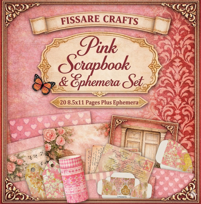 Fissare Crafts Pink Scrapbook & Ephemera Set packaging with decorative elements and text.